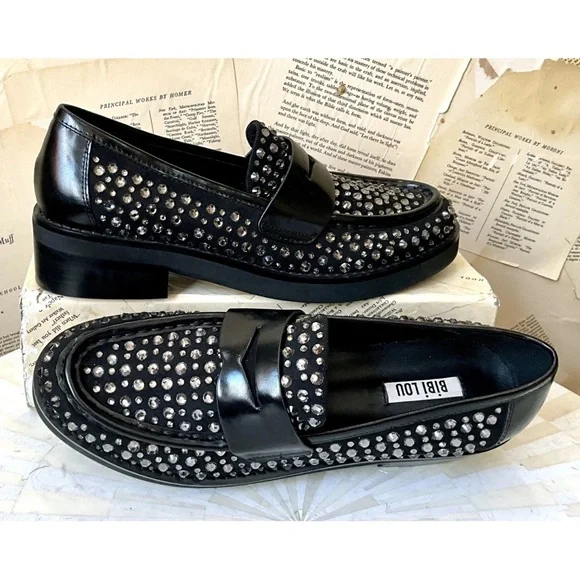Anthropologie Bibi Lou Jaya Gem Loafers Black Leather Jewels - Picture 9 of 12